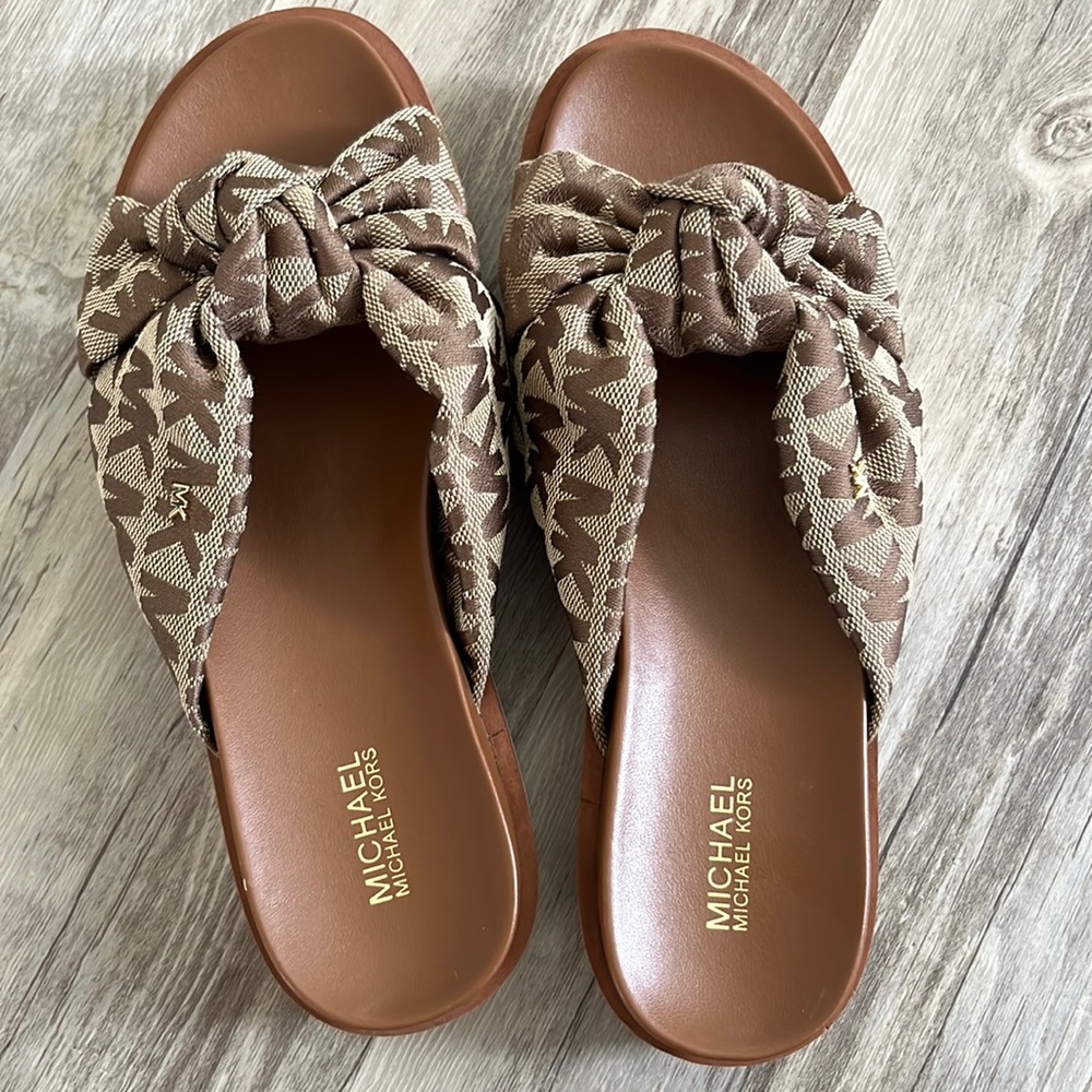 Michael Kors brown signature knotted slides